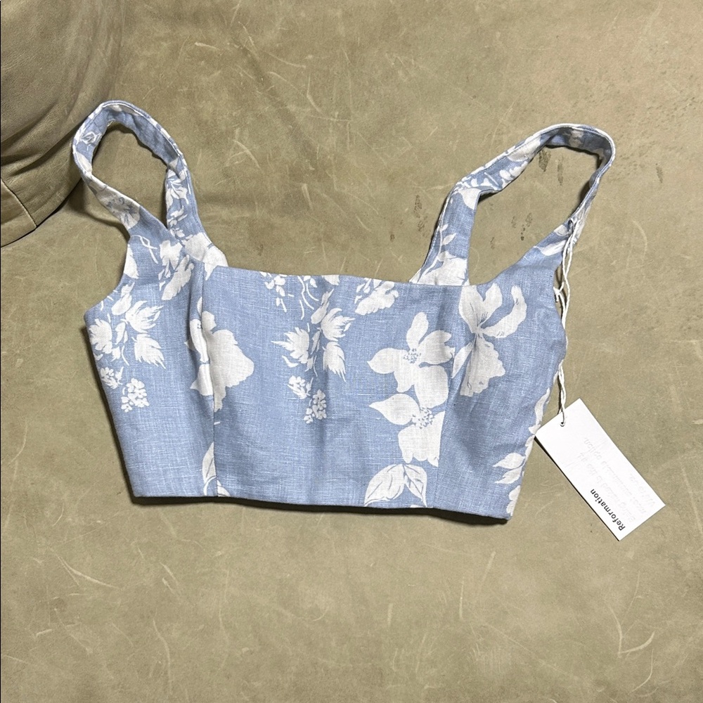 Reformation Light Blue Floral Square Crop Top
